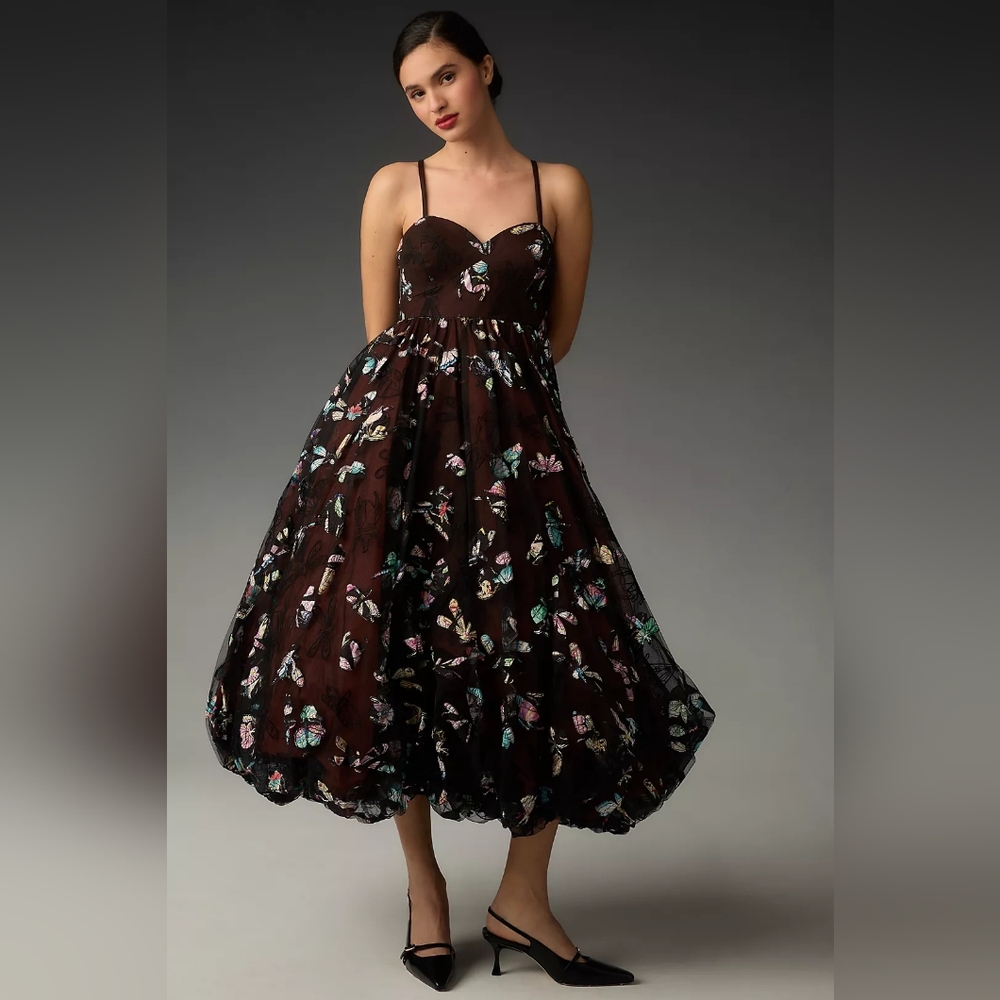 Anthropologie Geisha Designs Butterfly Appliqué Midi Dress, Small
